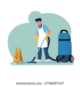 Minimalist flat vector illustration of a professional cleaner using an industrial vacuum machine with a yellow wet floor caution sign, commercial janitorial service concept.