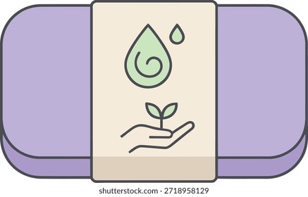 A minimalist flat vector illustration of a purple handmade soap bar with eco-friendly packaging featuring water drops and a seedling icon for organic beauty branding.
