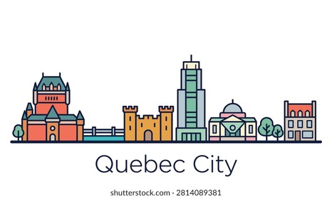 A minimalist flat vector illustration of the Quebec City skyline featuring famous landmarks like Chateau Frontenac for travel and tourism designs.