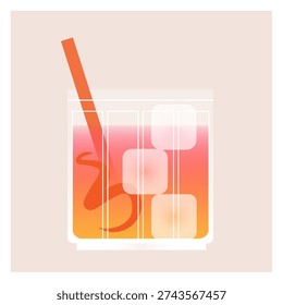 Minimalist flat vector illustration of a refreshing cocktail in a rocks glass with ice cubes, an orange peel twist, and a straw. Designed with soft warm pink and orange gradients, perfect for bar menus and summer party invitations