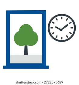 Una Ilustración vectorial plana minimalista que representa la regla 20-20-20 para la prevención digital de la tensión ocular. El diseño presenta un reloj simple que muestra 20 minutos junto a una vista de ventana de un árbol verde, que simboliza la importancia de tomar descansos para mirar la naturaleza. Creado con cuatro colores sólidos y Formas geométricas limpias para temas de salud y bienestar en el trabajo.

