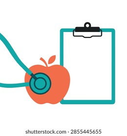 A minimalist flat vector illustration representing healthy lifestyle and nutrition concept. The design features a medical stethoscope positioned over a vibrant red apple next to an empty clipboard, symbolizing medical consultation, diet plans, wellness checkups, healthy eating habits, and preventative healthcare strategies. This clean graphic is ideal for medical brochures, wellness websites, and nutrition programs focusing on health management.