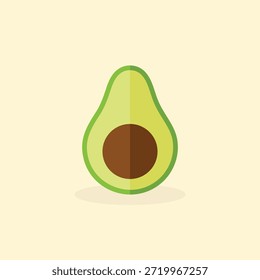 Ilustração de vetor plano minimalista de um abacate maduro dividido em duas partes com semente, apresentando um design moderno de sombra de tons duplos