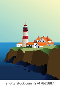 Minimalist flat vector illustration of a scenic coastal lighthouse and cottage perched on a rugged cliff overlooking the deep blue sea.