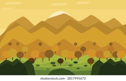 A minimalist flat vector illustration of a scenic autumn landscape featuring rolling golden mountains, a colorful forest with fall foliage, and a soft sunset sky in warm yellow tones.