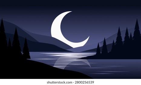 Minimalist flat vector illustration of a serene night landscape featuring a large crescent moon, mountain silhouettes, pine tree forest, and calm lake water reflections. Ideal for sleep app backgrounds, evening event banners, camping concepts, relaxing nature wallpapers, and aesthetic UI layouts.