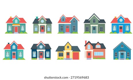 Conjunto de Ilustración vectorial plana minimalista de diez casas lindas coloridas. Varios diseños de casas residenciales perfectos para bienes raíces, mapas de vecindarios y diseños de UI de App de propiedades