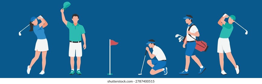 Minimalist flat vector illustration set of male and female golfers in various playing poses isolated on a dark blue background