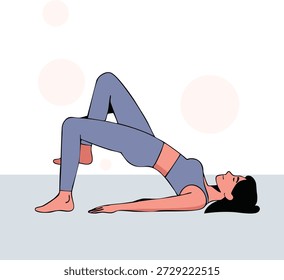 Una Ilustración vectorial plana minimalista que muestra a una mujer con ropa deportiva morada realizando un ejercicio de glúteos en forma de cuatro en un piso gris claro.
