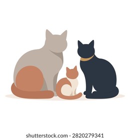 A minimalist flat vector illustration showing three cats of different colors sitting together, perfect for pet-themed designs and animal graphics.
