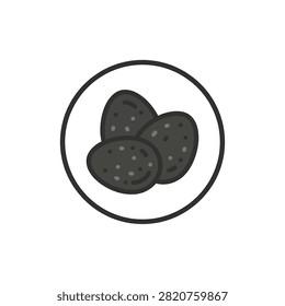 A minimalist flat vector illustration showing a cluster of three dark grey textured stones enclosed within a bold circular border.