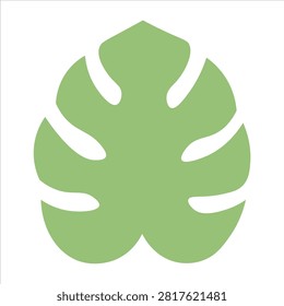 A minimalist flat vector illustration of a single monstera deliciosa leaf in a soft sage green color against a clean white background.