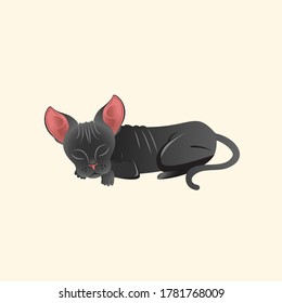 A minimalist flat vector illustration of a sleeping black Sphynx cat. This clean design features the characteristic wrinkled skin and large ears of the hairless breed, presented in a peaceful curled-up pose. Ideal for veterinary clinics, pet care branding, feline-themed merchandise, and animal lover graphics.