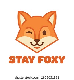 A minimalist flat vector illustration of a smiling orange fox face with the text stay foxy