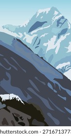 Ilustração de vetor plano minimalista de picos de montanha azul com cobertura de neve e cumes íngremes sob um céu claro