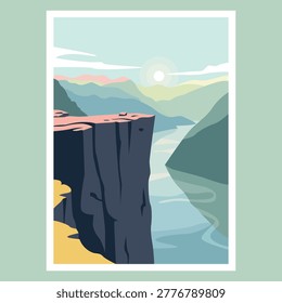 Minimalist flat vector illustration of a steep cliff overlooking a majestic fjord under hazy morning sun.
