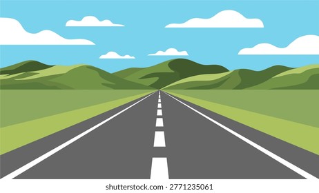 Minimalist Flat Vector Illustration of a Straight Asphalt Road Leading to Green Hills and Mountains Under Blue Sky, Concept of Journey Future Success and Travel Adventure with Copy Space