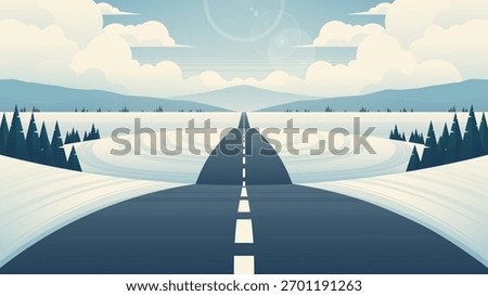 Minimalist flat vector illustration of a straight winter road surrounded by snowy fields, pine trees, and distant mountains under a bright sky. Perfect for travel, nature, and winter design projects.