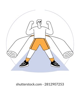 A minimalist flat vector illustration of a strong man flexing his muscles with an abstract cape or wings, symbolizing empowerment and personal growth.