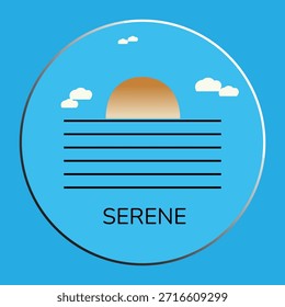 Minimalista Ilustración vectorial plana de una puesta de sol sobre el agua con nubes y texto 'sereno'