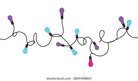 Minimalist flat vector illustration of a tangled black wire string light with glowing purple, cyan, and pink electric bulbs isolated on a plain white background for festive decor.