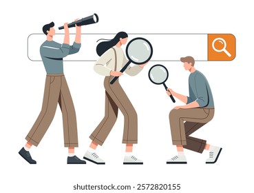 A minimalist flat vector illustration of three people actively searching for information. person is using a telescope a magnifying glass. For concepts research, online search, teamwork, and analysis.
