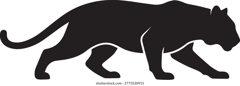 Minimalist flat vector illustration of a tiger in a hunting pose. Clean black silhouette of a wild cat stalking prey for logo or design.