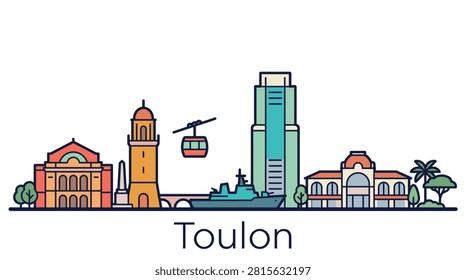 A minimalist flat vector illustration of the Toulon city skyline featuring famous landmarks, a navy ship, and the Mont Faron cable car.