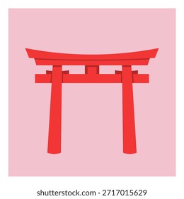 Ilustración vectorial plana minimalista de una puerta torii japonesa tradicional en rojo sobre un fondo rosa suave. Símbolo de la religión sintoísta, espiritualidad, cultura japonesa, viajes y lugares sagrados. Diseño moderno limpio adecuado para carteles, marca y Web.