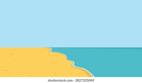 A minimalist flat vector illustration of a tropical beach scene with yellow sand and calm blue ocean water under a clear sky.