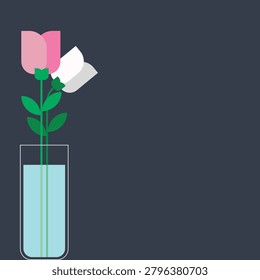 Minimalist flat vector illustration of tulip flowers in a glass vase with water. Modern geometric floral background on dark grey backdrop with copy space.