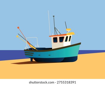 Minimalist flat vector illustration of a turquoise fishing boat resting on a sandy beach under a clear blue sky.