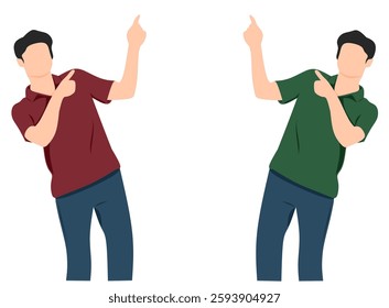 Minimalist flat vector illustration of two faceless men wearing casual shirts, pointing upwards. Simple and modern design, perfect for presentations, infographics, or web elements.
