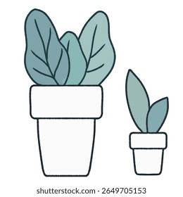 Minimalist flat vector illustration of two potted houseplants with large green leaves. Simple and modern indoor plant icons perfect for eco-friendly designs, apps, or botanical themes.