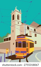 Minimalist flat vector illustration of a vintage yellow tram passing an old European church under a turquoise sky.