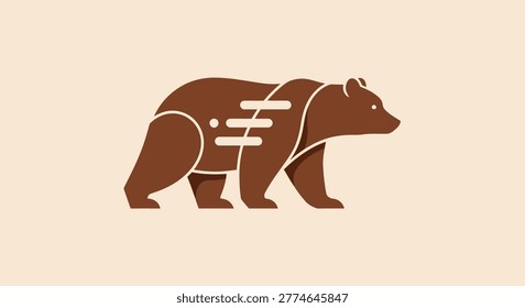 Minimalist flat vector illustration of a walking brown bear grizzly. Modern stylized animal logo design on a neutral beige background.