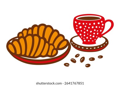 A minimalist flat vector illustration in a warm color palette - dark brown, red, white, and orange, featuring a ceramic coffee cup on a saucer, two croissants on a plate, and scattered coffee beans
