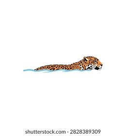 Minimalist flat vector illustration of a wild jaguar swimming in water isolated on white background