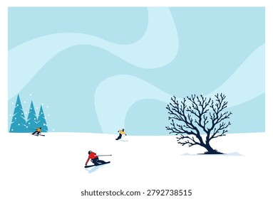 Minimalist flat vector illustration of a winter mountain landscape. People skiing down a snow-covered slope next to a detailed bare winter tree and pine trees under a wavy blue sky. Perfect for winter resort banners, seasonal sports advertising, and holiday backgrounds.