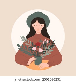 Minimalist flat vector illustration.  Woman holding with in a vase  flowers. For themes of tranquility and elegance.