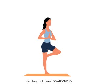 Minimalist flat vector illustration of a woman practicing yoga in a tree pose (Vrksasana) on a mat. Perfect for wellness, fitness, meditation, and healthy lifestyle concepts. Isolated on white