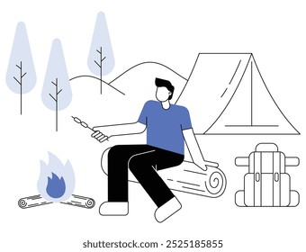 Una Ilustración vectorial plana minimalista de un joven que acampa solo al aire libre, asando malvaviscos junto a una fogata con montañas al fondo. Ideal para proyectos al aire libre, de aventura y de camping.