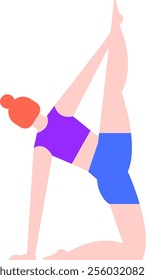 Minimalist flat vector illustration of a young woman with red hair in a bun, wearing a purple top and blue shorts, practicing one legged upward bow pose on a white background