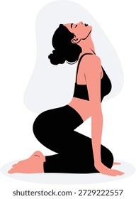 Una Ilustración vectorial plana minimalista de una mujer joven con ropa activa negra mientras realiza una pose de rodillas de yoga en un fondo blanco limpio.