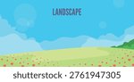 Minimalist Flat Vector Landscape with Flower Meadow, Rolling Hills and Blue Sky

