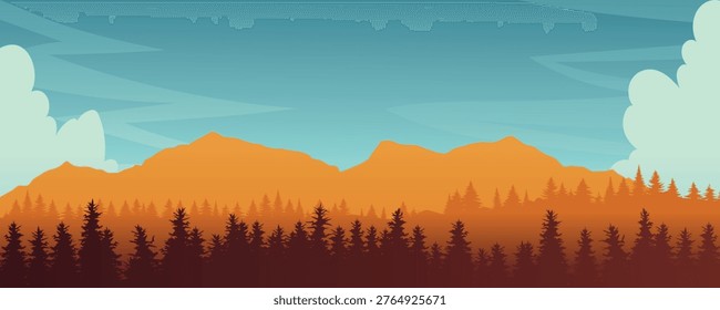 Minimalist Flat Vector Landscape of Orange Mountain Range with Dense Pine Forest Silhouette Under Blue Sky with White Clouds