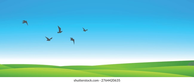 Minimalist Flat Vector Landscape with Rolling Green Hills and Flock of Birds Flying in Clear Blue Gradient Sky

Keywords langua