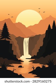 Minimalist flat vector landscape of a waterfall flowing through a peaceful valley surrounded by mountains, pinetrees, rivers, and a glowing sunset. Modern clean design with layered depth and elegant negative space. Perfect for travel branding, posters, wallpapers, websites, presentations, and premium stock illustrations.
