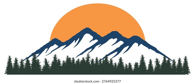 Minimalist Flat Vector Logo of Blue Mountain Peaks with Snow Accents, Large Orange Sun and Pine Forest Silhouette on White Background