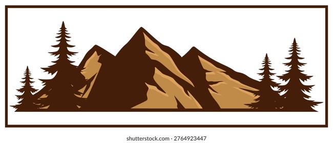 Minimalist Flat Vector Logo of Brown Mountain Range with Pine Tree Silhouettes in a Rectangular Frame on White Background

